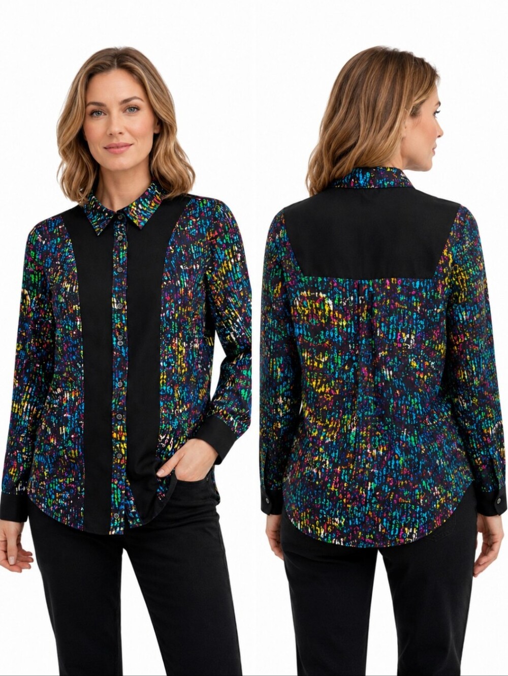 Derek Lam Black Tunic Blouse Multicolor Speckle Career Chic Old Money Sz M